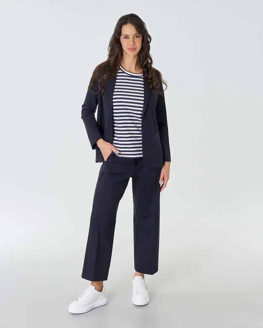 Pantaloni cropped blu in misto viscosa lavorata a punto Milano con elastico in vita