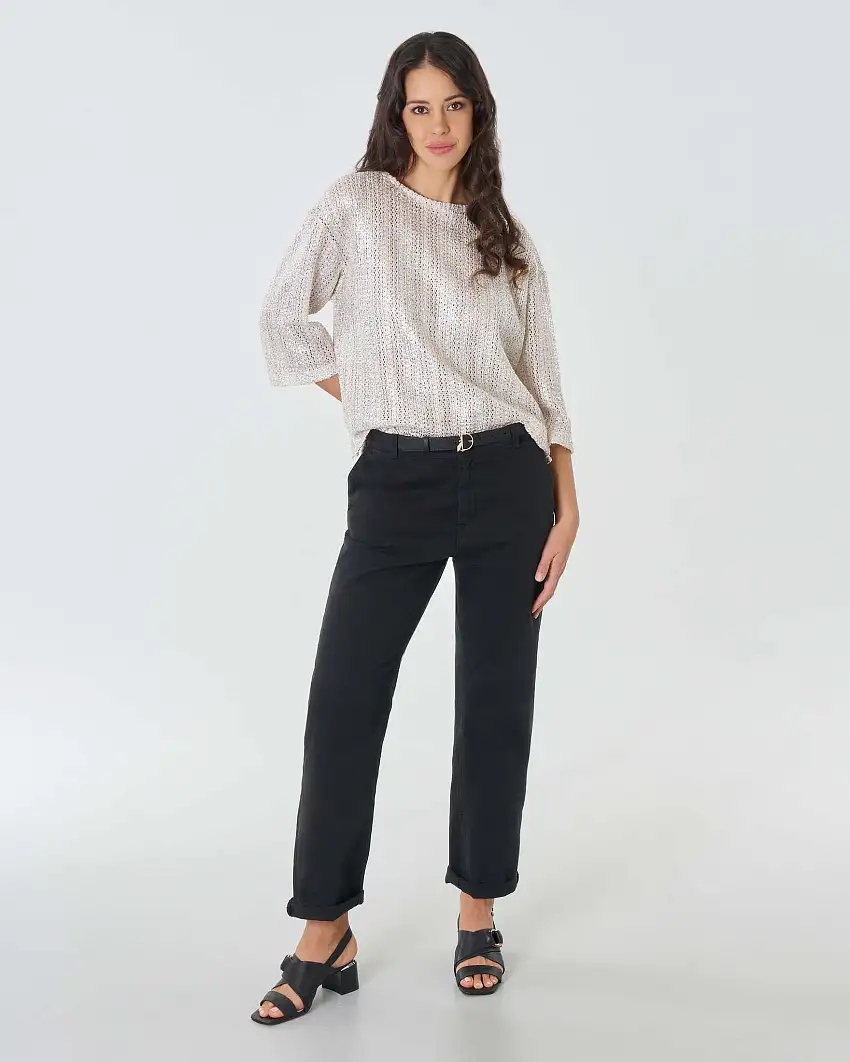 Maglia over in misto cotone traforato color argento effetto metallizzato con maniche tre quarti