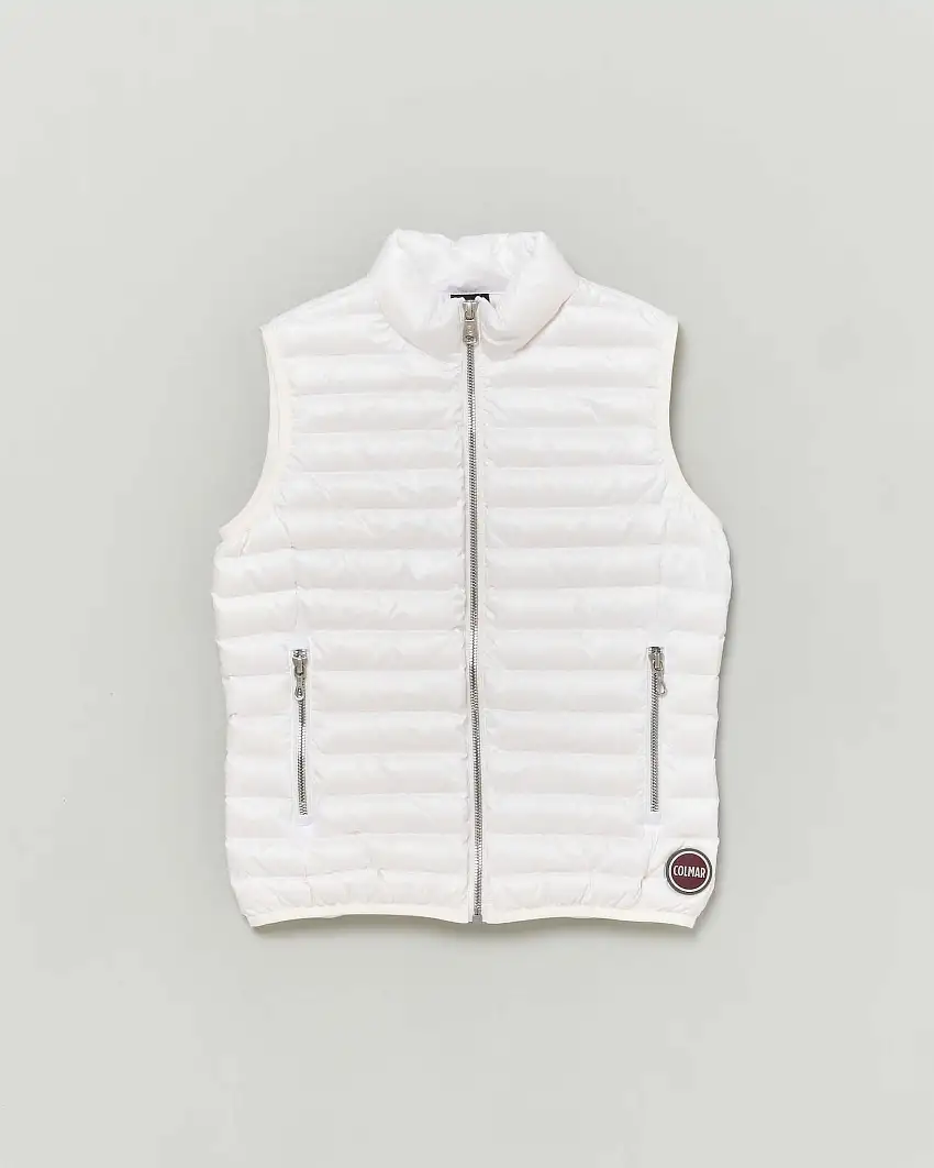 Gilet bianco in nylon imbottito in piuma con collo alto
