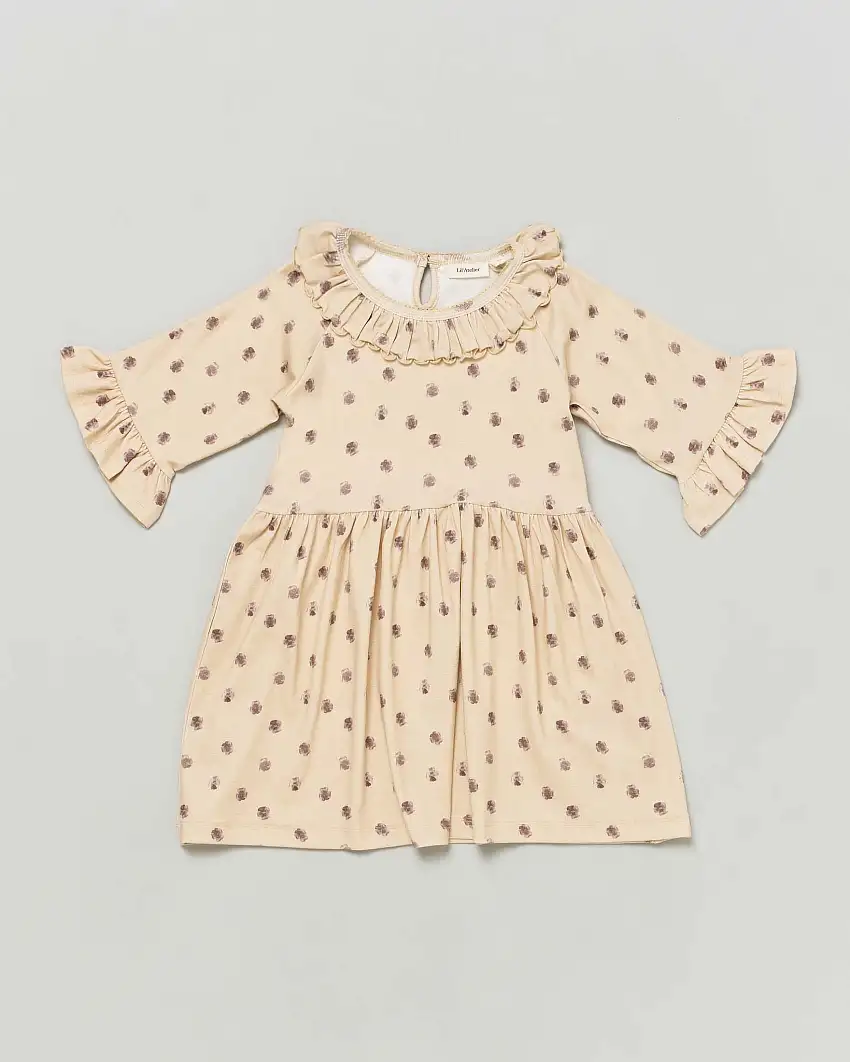 Abito beige in cotone stretch a fantasia floreale malva con maniche a tre quarti e volant 2-7 anni