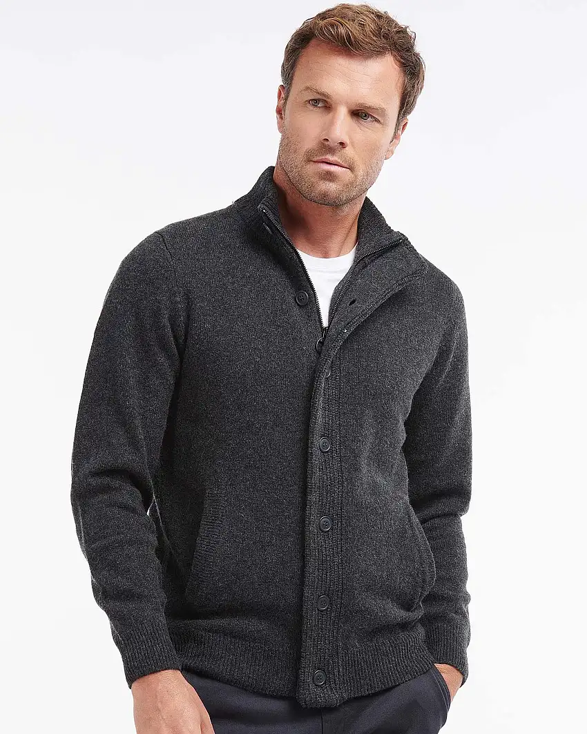 Maglione Barbour grigio antracite in pura lana con doppia chiusura zip e bottoni