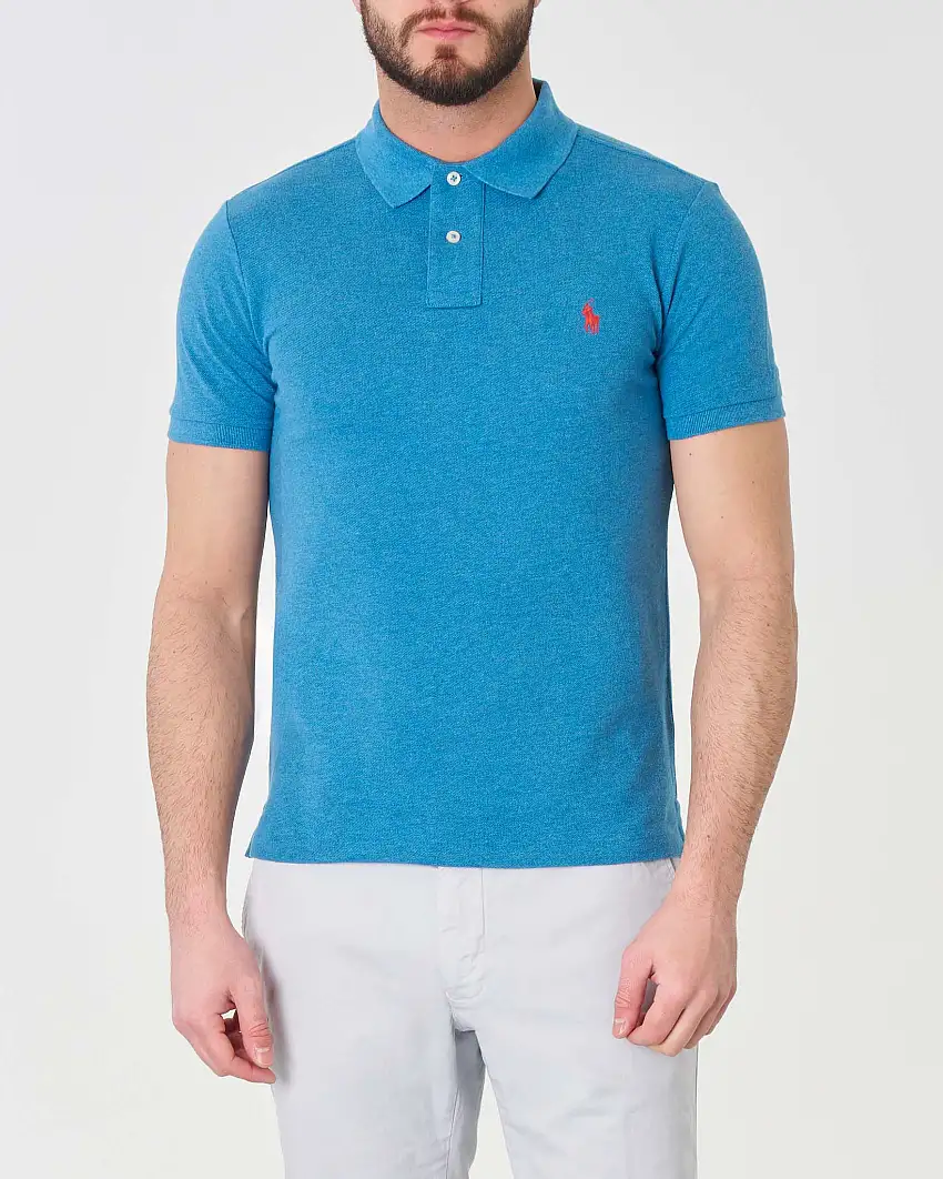 Polo ottanio mezza manica in piquè di puro cotone slim-fit