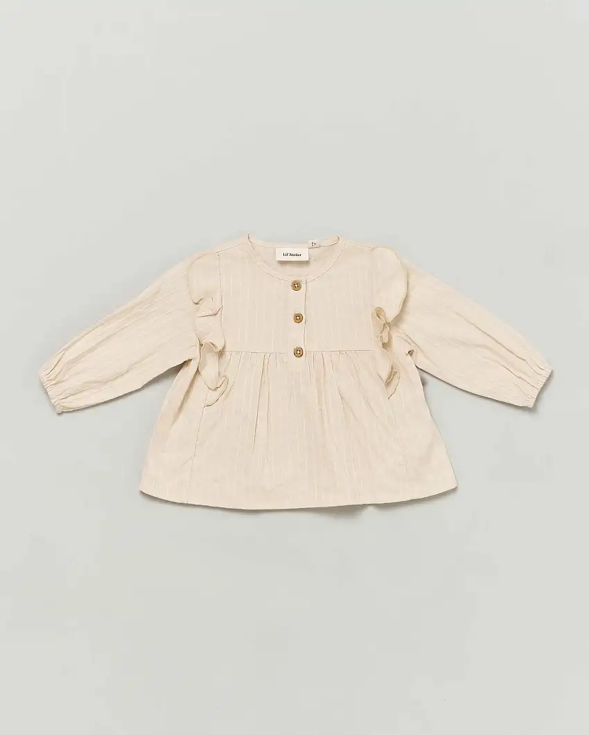 Camicia Lil'Atelier in cotone beige a fantasia rigata bianca con volants