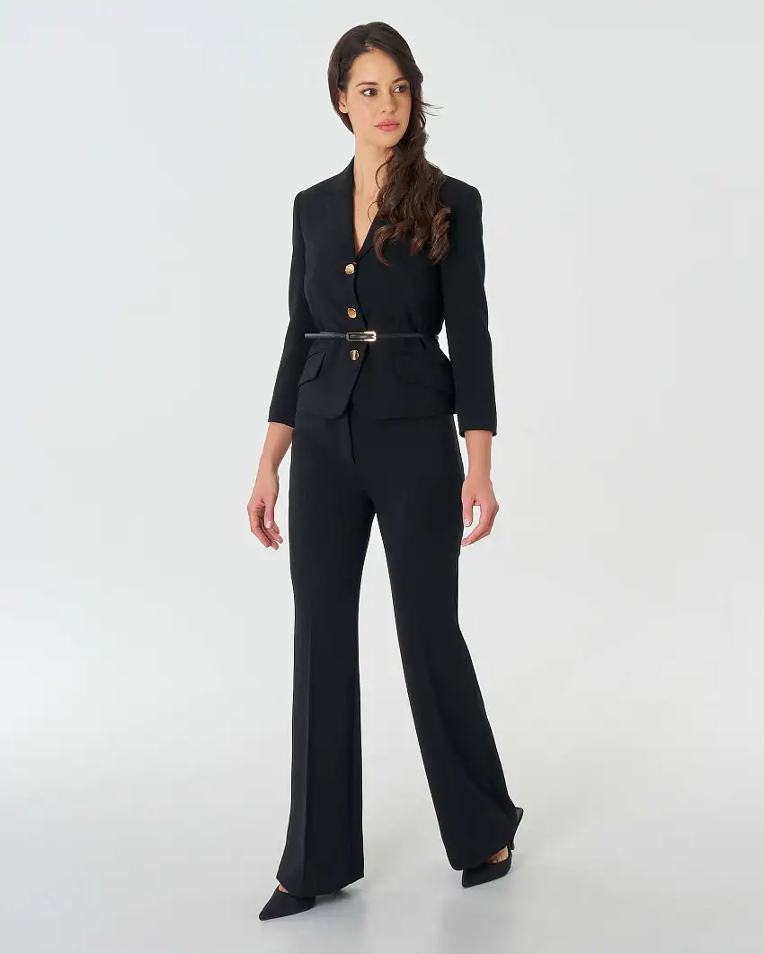 Pantaloni a zampa neri in cady con piega stirata fronte e retro