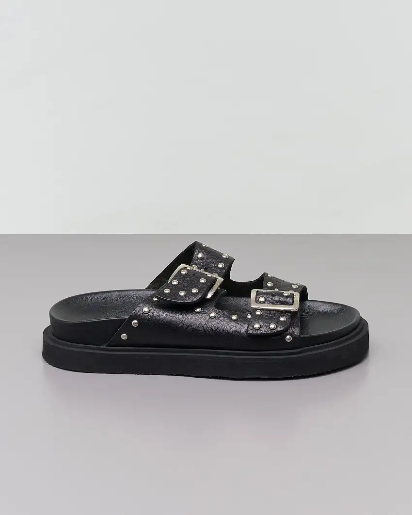 Sandali bassi neri in pelle con applicazioni in strass e borchie