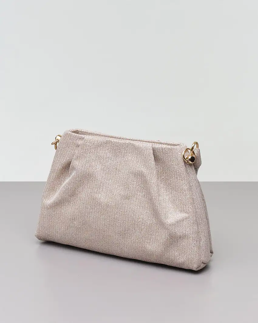 Borsa color platino in tessuto glitter con manico rivestito in strass argento