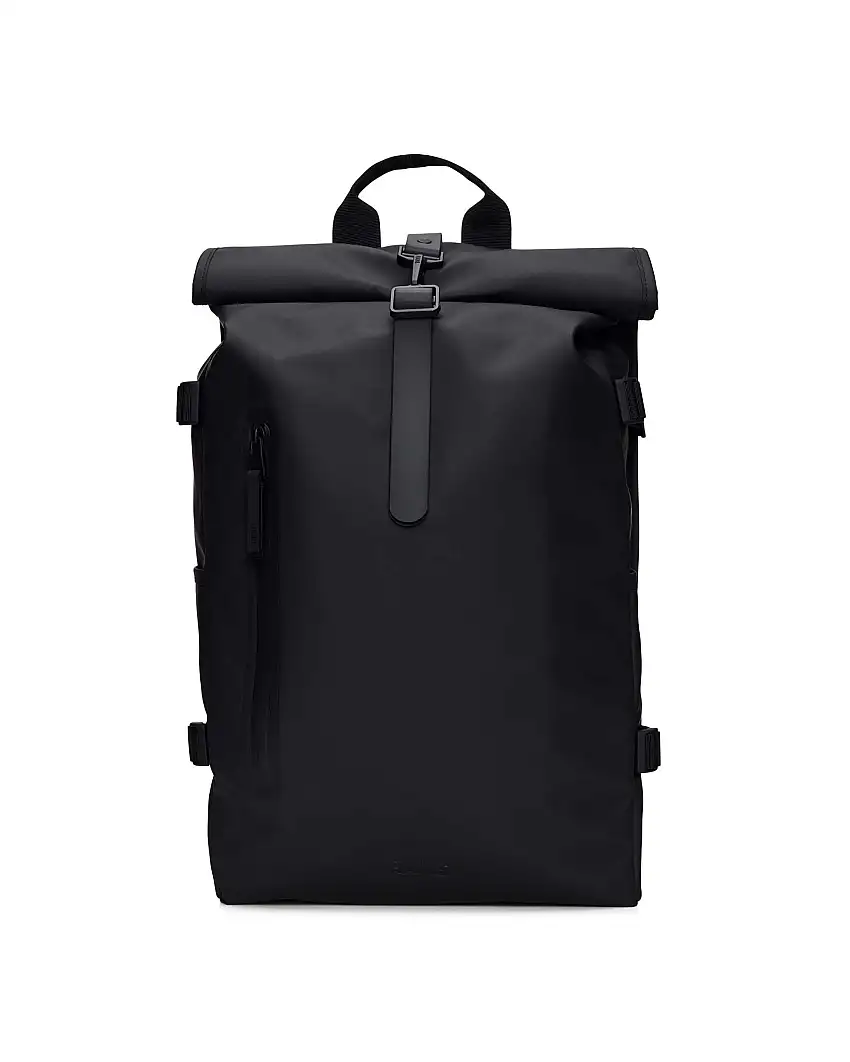 Zaino Rains Rolltop Rucksack Large nero in tessuto tecnico impermeabile effetto gommato