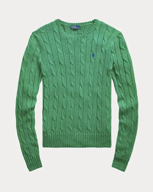 Maglioncino verde smeraldo in cotone lavorazione a trecce con logo blu ricamato