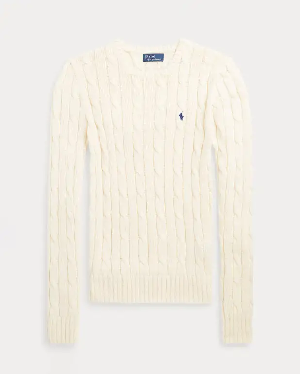 Maglioncino color avorio in cotone lavorazione a trecce con logo blu ricamato