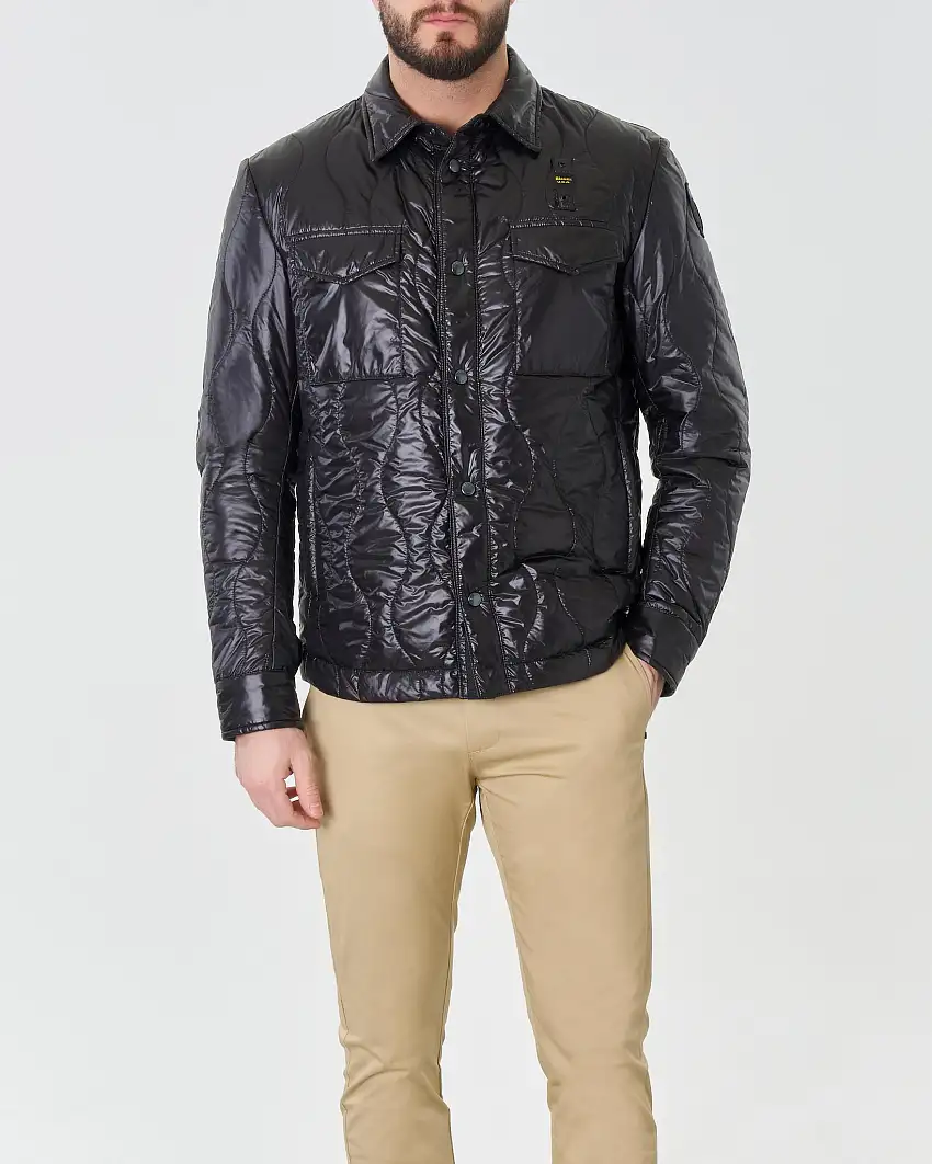 Giacca piumino nera in nylon lucido 100 grammi trapuntato ad onde