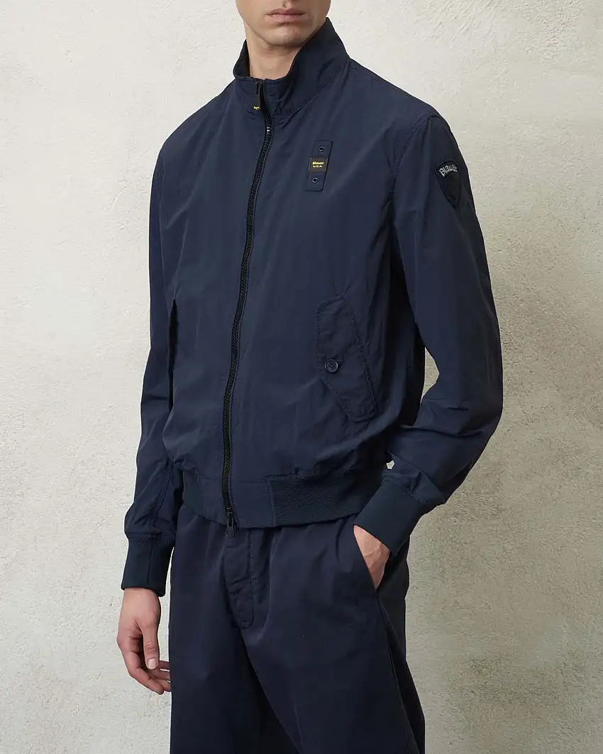 Giubbino bomber blu in tessuto crinkle