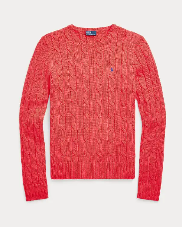 Maglioncino color corallo in cotone lavorazione a trecce con logo blu ricamato