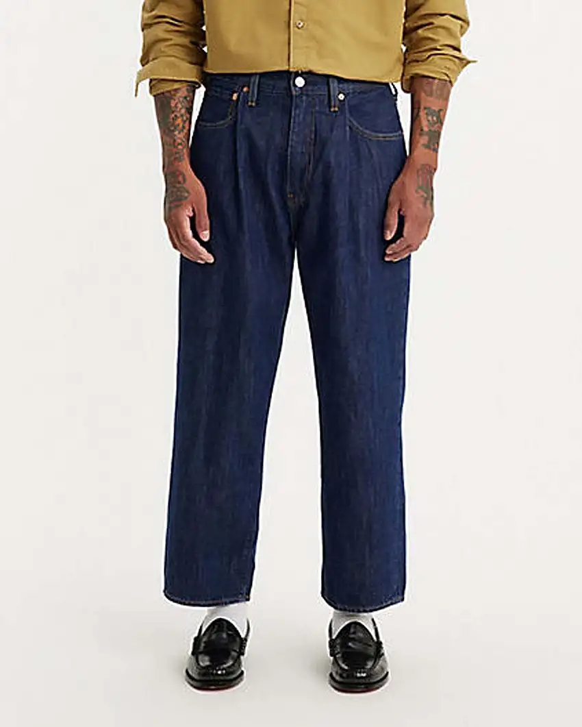 Jeans loose-fit a lavaggio scuro stone washed con pinces