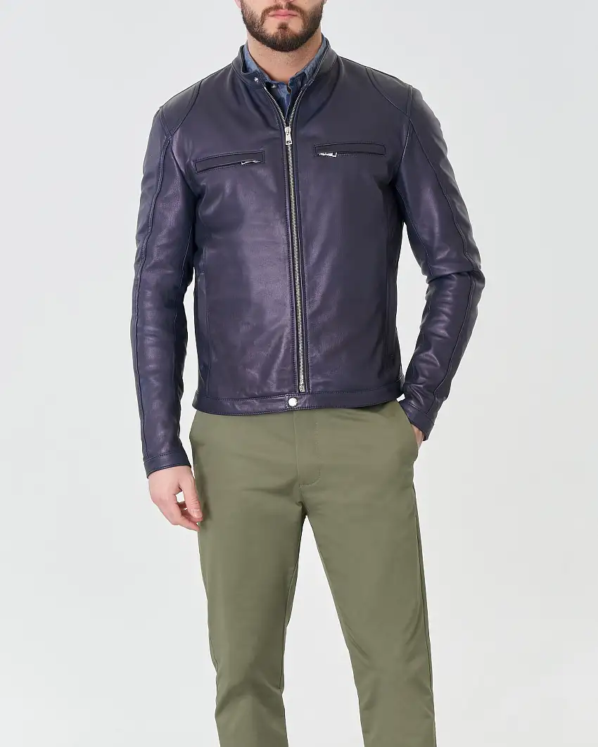 Giubbino biker blu in vera pelle