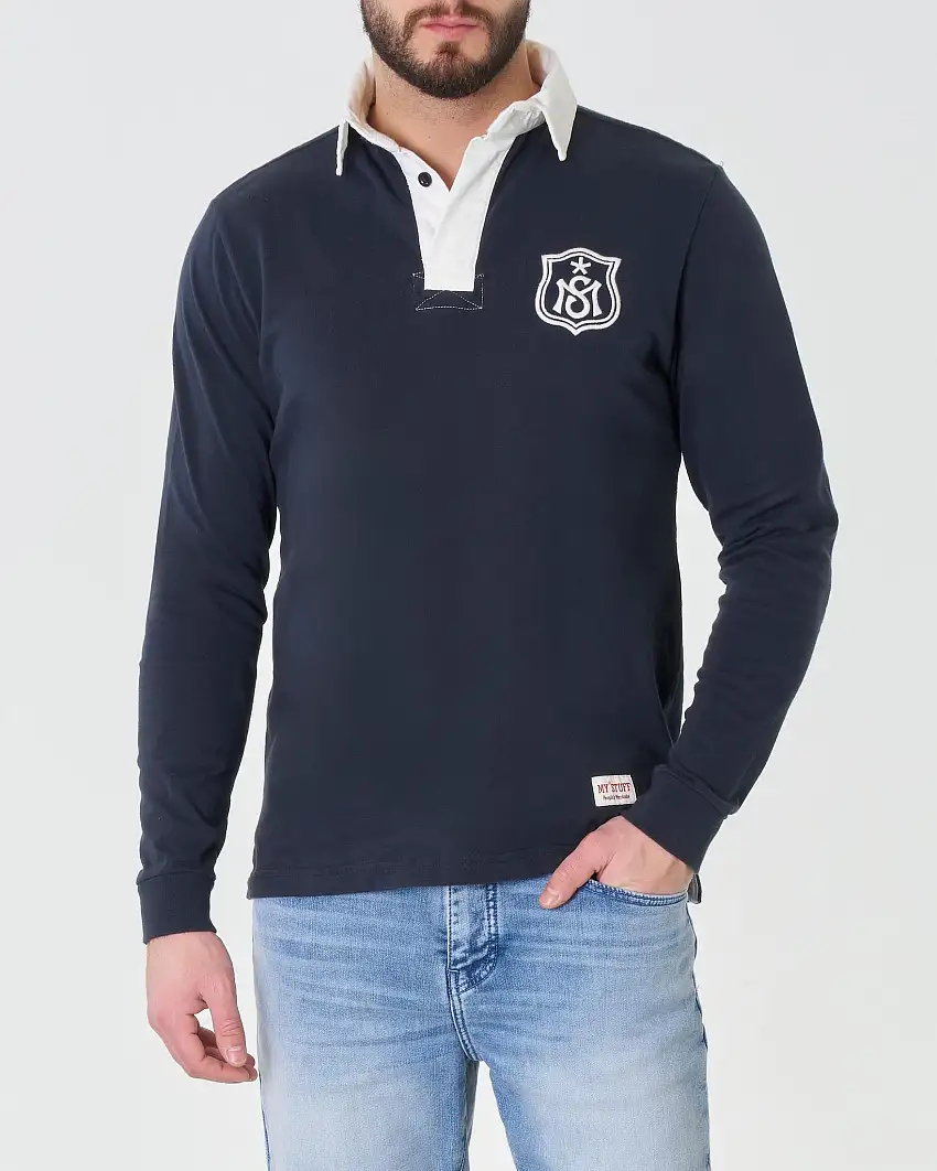 Polo blu manica lunga in pima cotton con colletto bianco