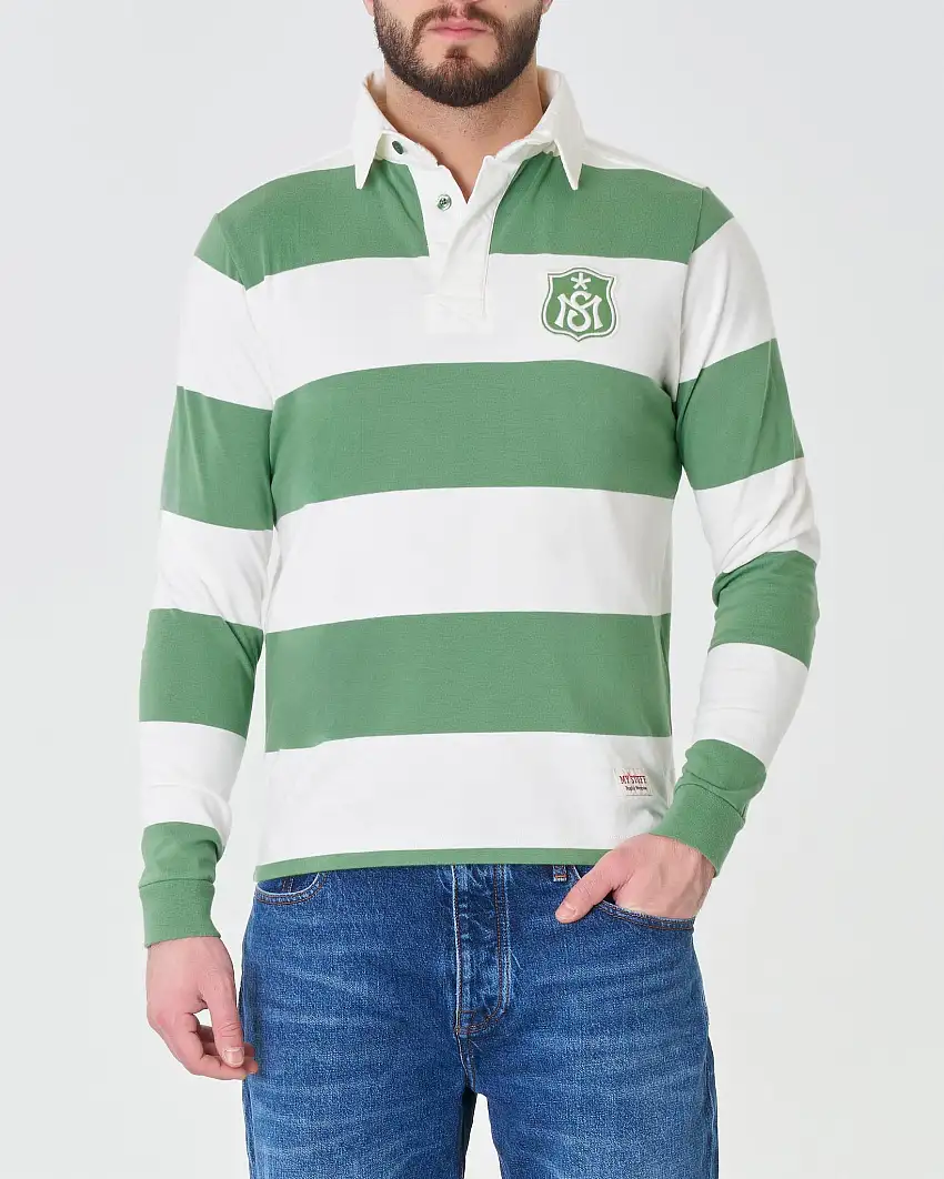Polo rugby manica lunga a righe bianche e verdi in pima cotton