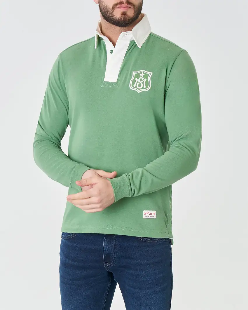 Polo verde manica lunga in pima cotton con colletto bianco