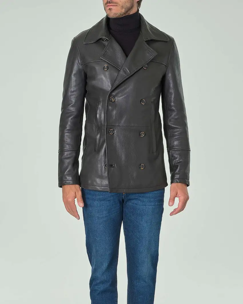 Cappotto doppiopetto nero in pelle