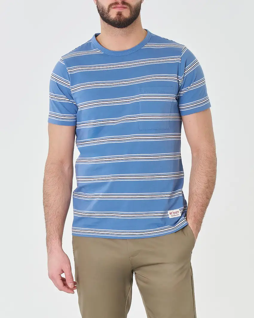 T-shirt blu indaco mezza manica in pima cotton a righette bianche con taschino