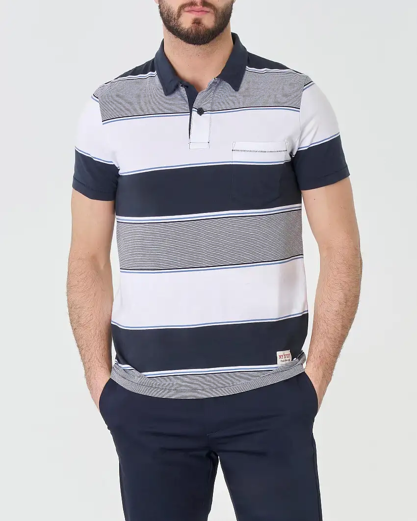 Polo mezza manica in pima cotton a righe bianche e blu con taschino