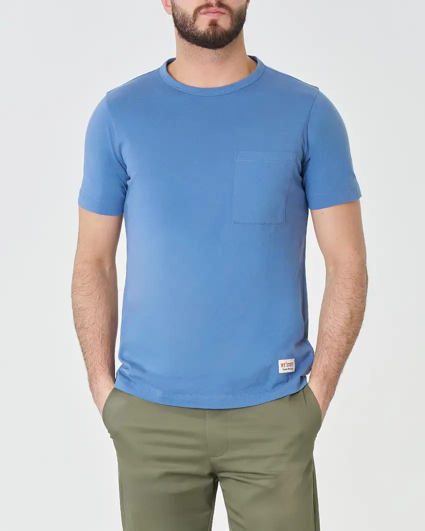 T-shirt blu indaco mezza manica in pima cotton con taschino