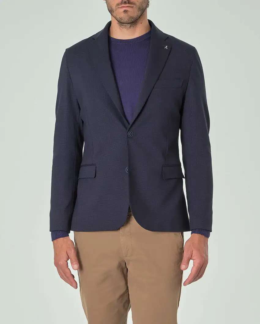 Blazer blu in jersey di viscosa stretch micro quadretto