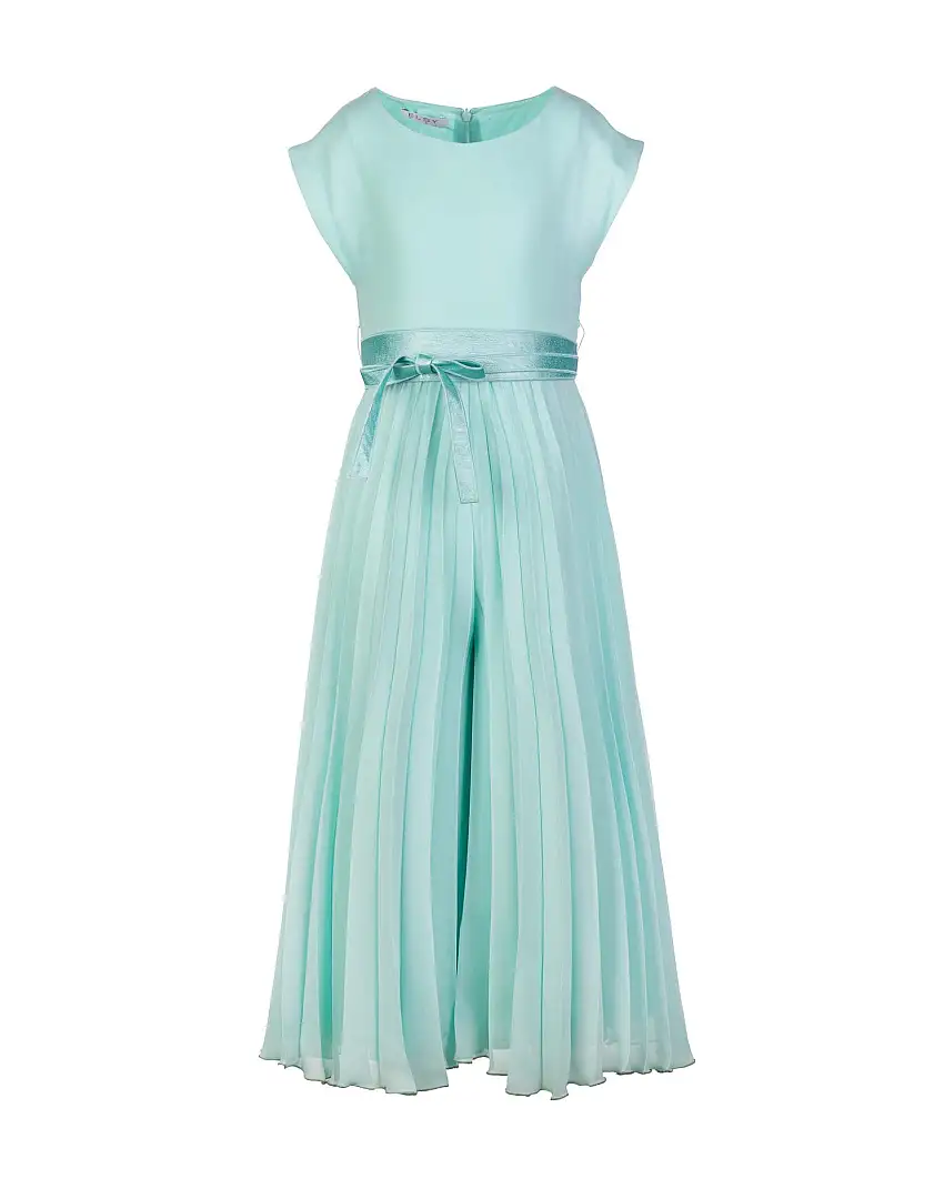 Abito tuta verde acqua a maniche corte con pantalone plissé e fusciacca in vita