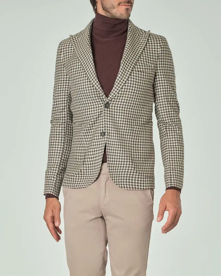 Blazer beige con fantasia a quadretti noce e verde in jersey di viscosa stretch e rever a lancia