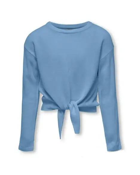 Maglia azzurra cropped con nodo e spalla scesa