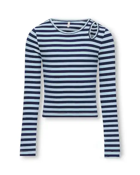 T-shirt in cotone stretch a maniche lunghe a fantasia rigata azzurra e blu con cut out