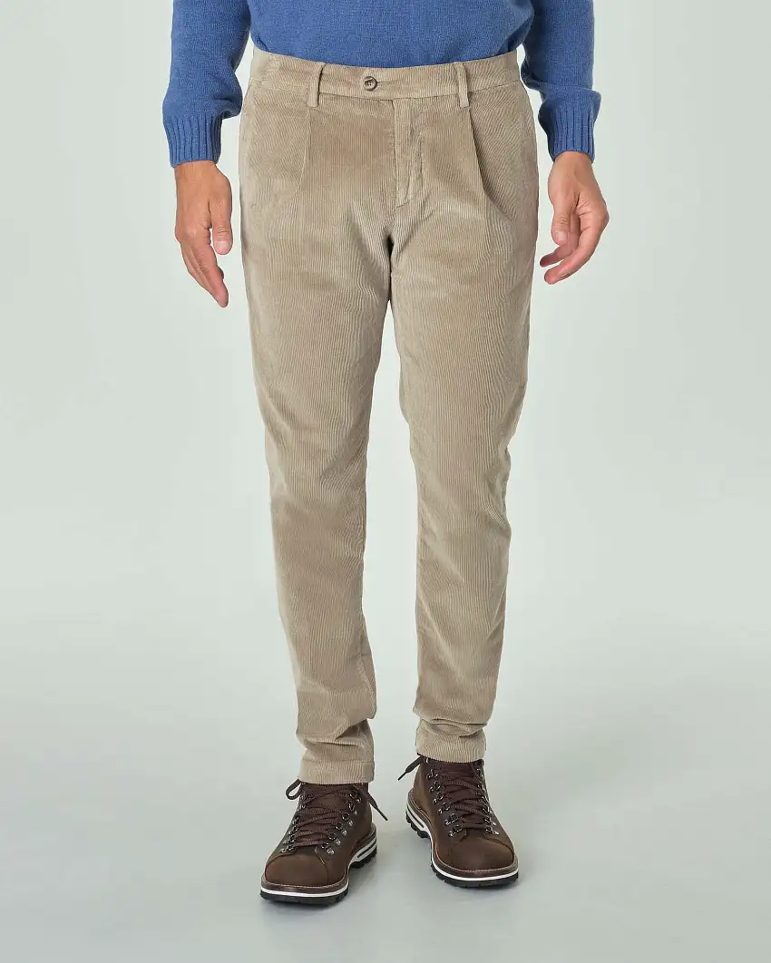Pantaloni chino beige in velluto di misto cotone e modal stretch