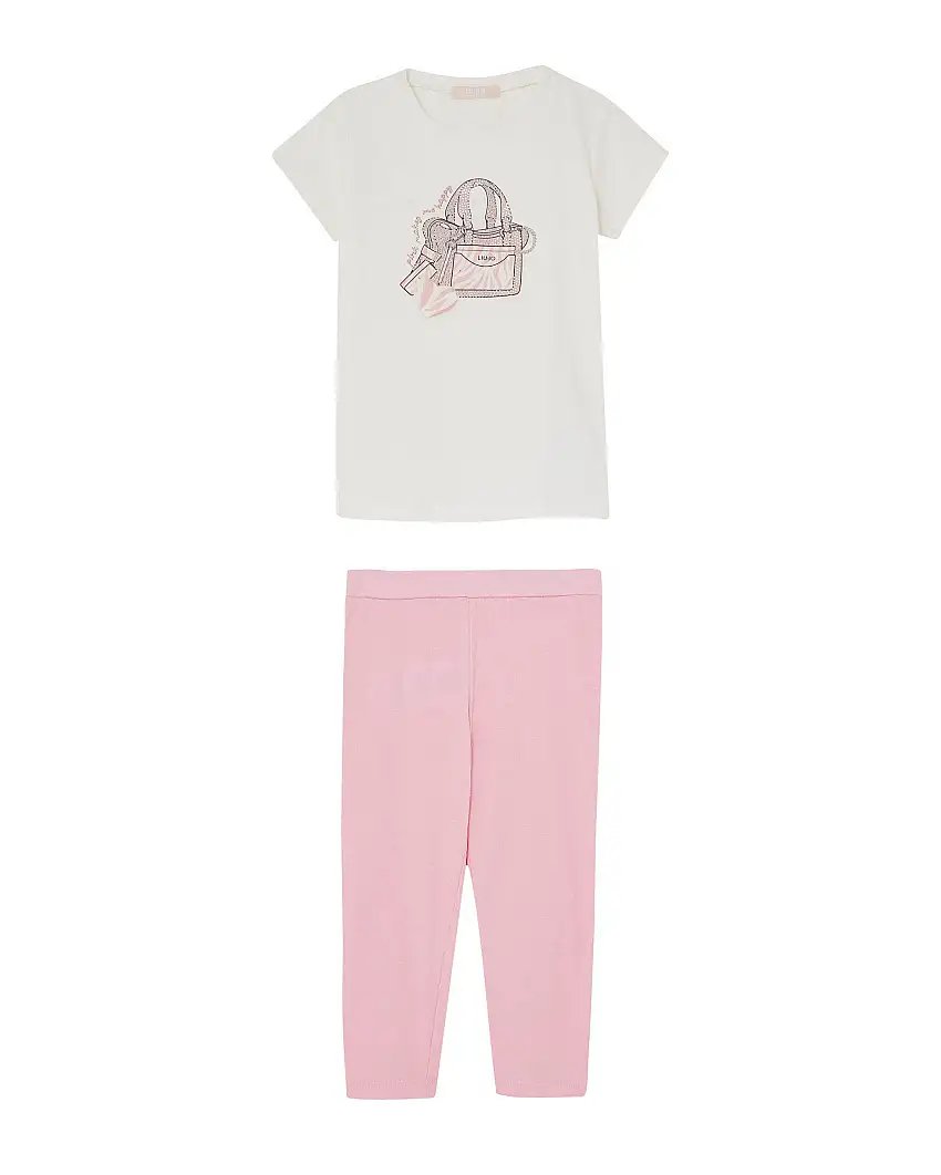 Completo in cotone stretch rosa e bianco composto da t-shirt a maniche corte con stampa borsa e leggins