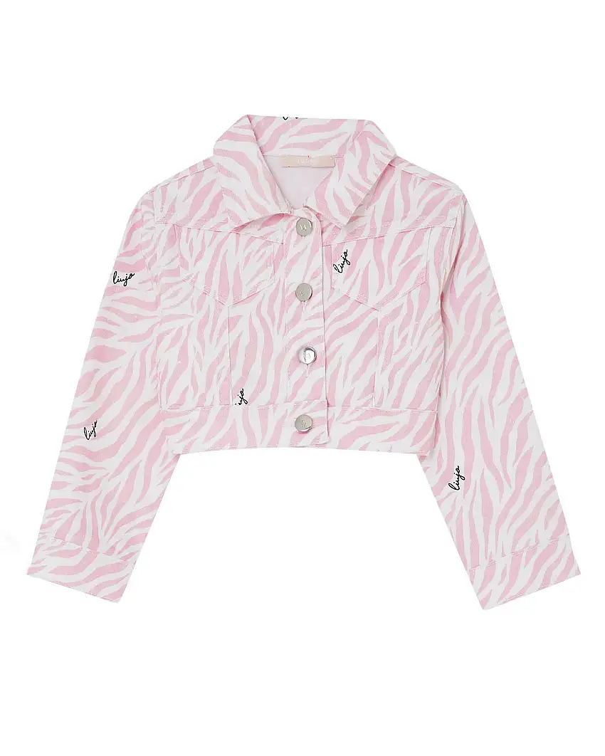 Giubbino cropped in drill di cotone stretch a fantasia zebrata rosa e bianca