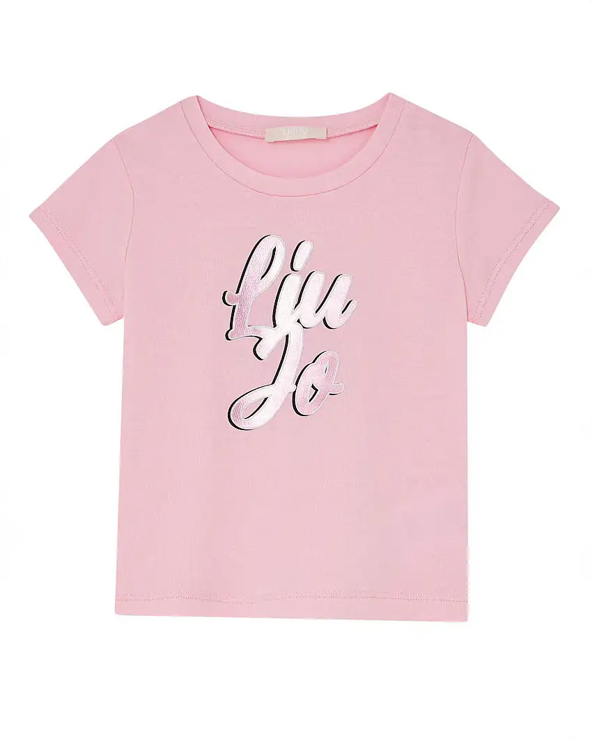 T-shirt rosa in cotone stretch a maniche corte con stampa logo laminato
