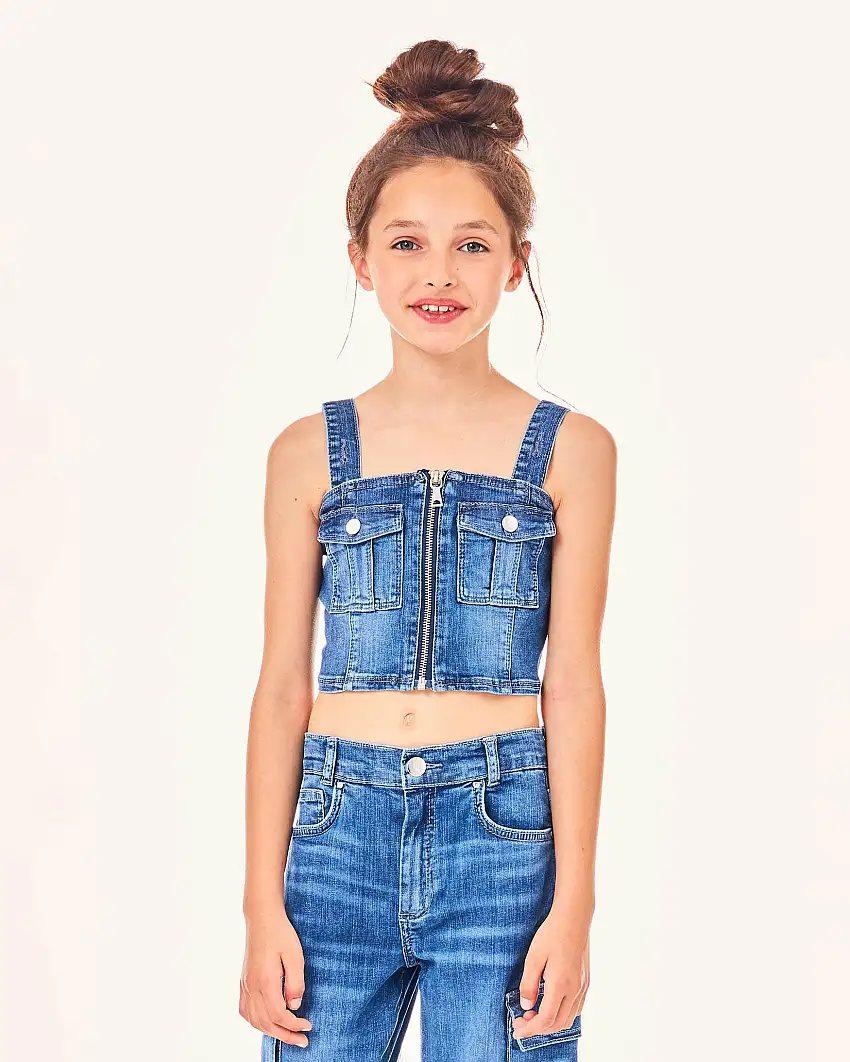 Top in denim di cotone stretch a lavaggio medio stone washed con tasche e zip