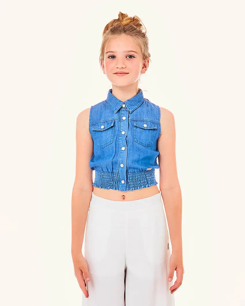 Camicietta senza maniche in denim con dettagliio punto smock e tasche