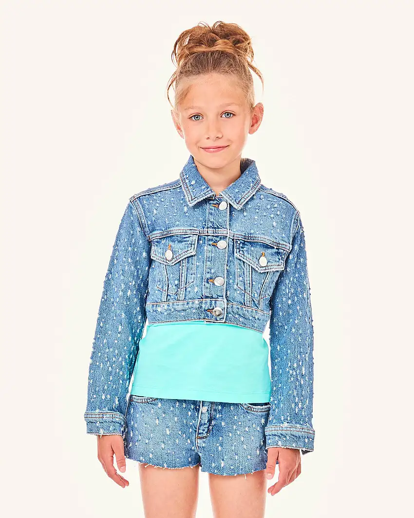 Giubbino cropped in denim a lavaggio medio in cotone con strass e rotture