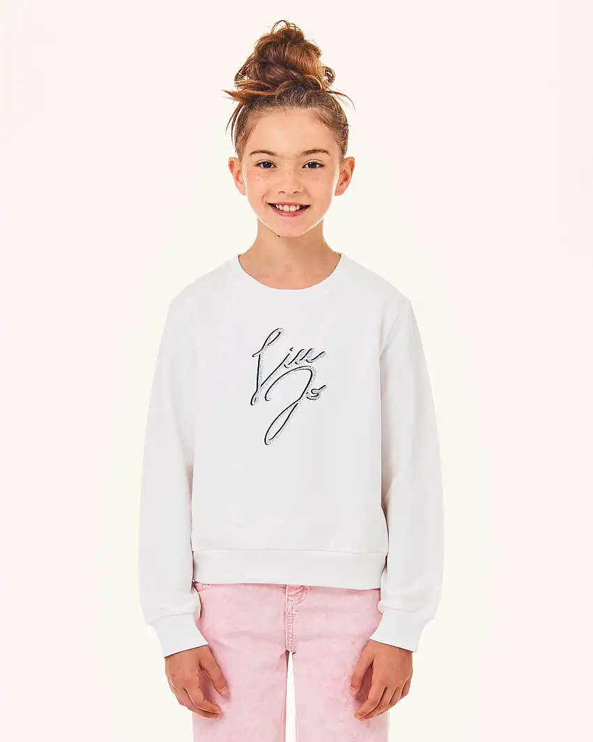 Felpa bianca girocollo in cotone stretch con stampa logo glitterata