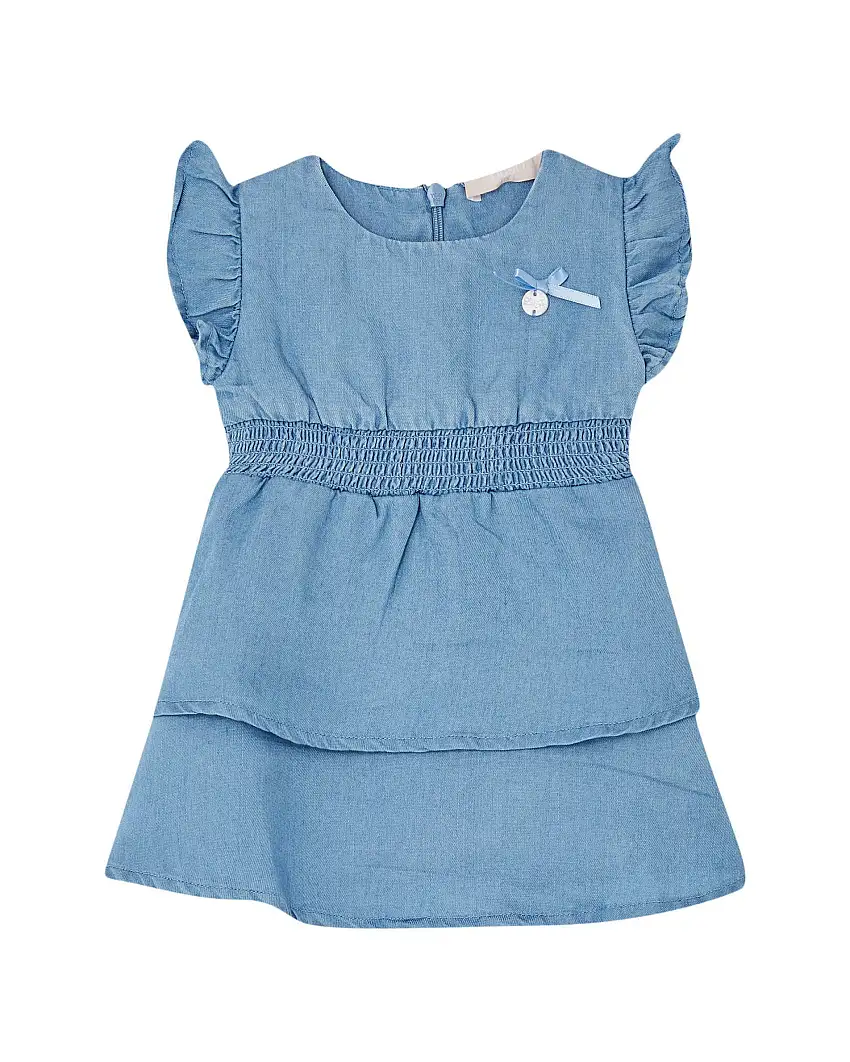 Abito mini in chambray a balze e maniche ad aletta