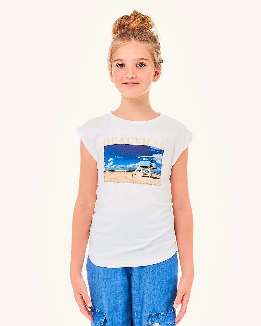 T-shirt bianca in cotone a manche corte con stampa 'Deauville' ed arricciature laterali