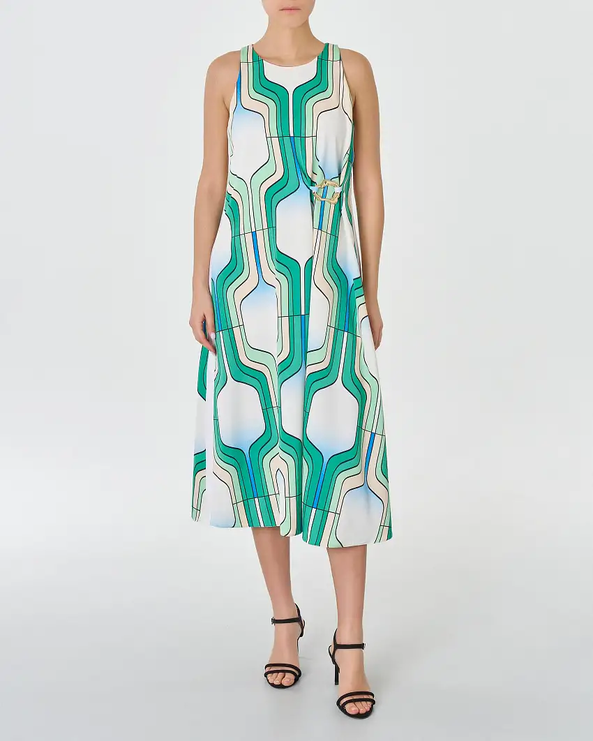 Abito midi senza maniche in satin a motivo anni '70 smerando, avorio e azzurro con fibbia dorata sul fianco Marella ART. 365