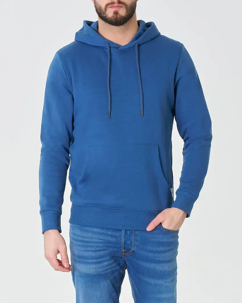 Felpa blu royal con cappuccio regular fit in misto cotone con tasca a marsupio frontale