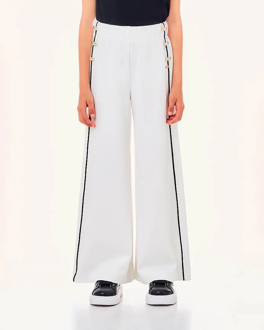 Pantalone a palazzo bianco in punto milano con bottoni dorati e righe nere