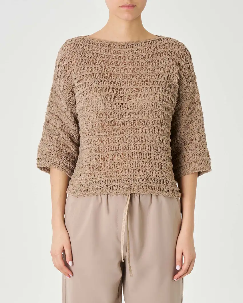 Maglia color sabbia in misto cotone a lavorazione uncinetto con maniche tre quarti Linea MONOCHROME