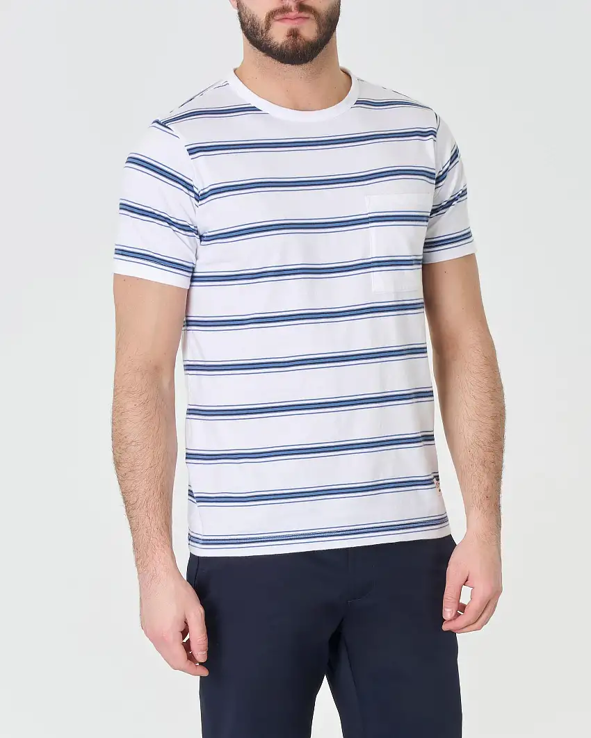 T-shirt bianca mezza manica in pima cotton a righette indaco con taschino