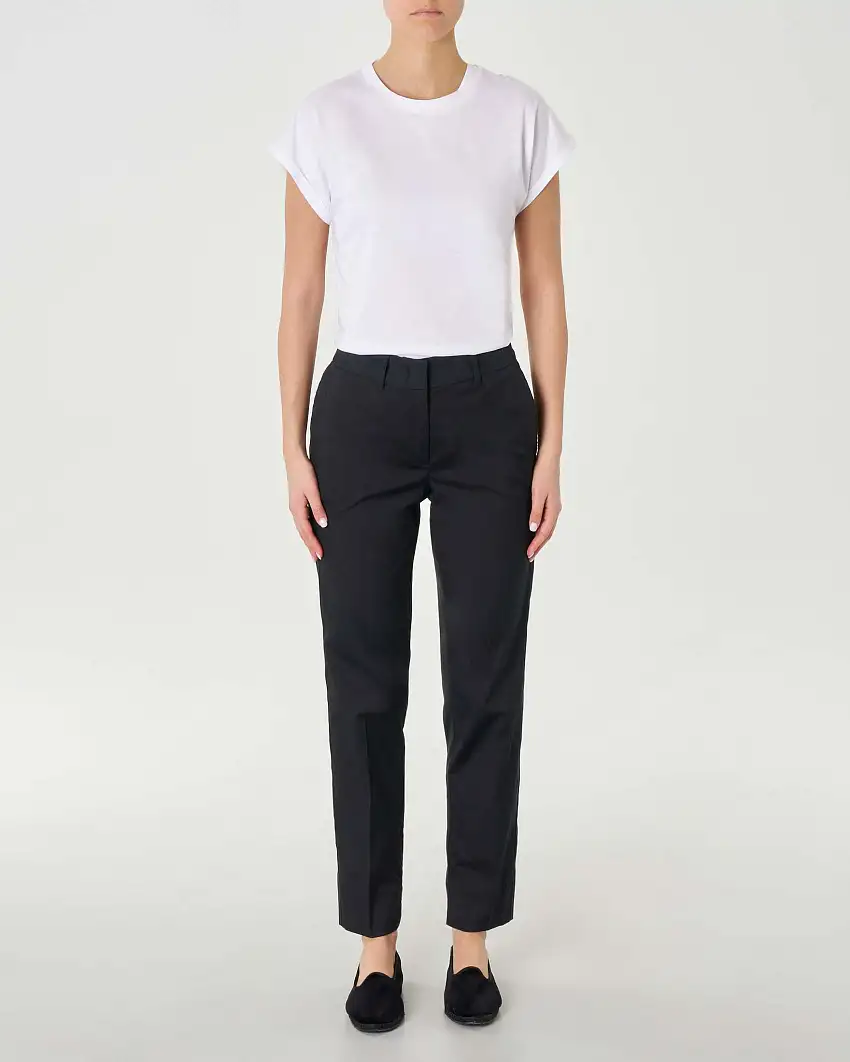 Pantaloni chino neri a gamba dritta in popeline di cotone stretch con piega stirata