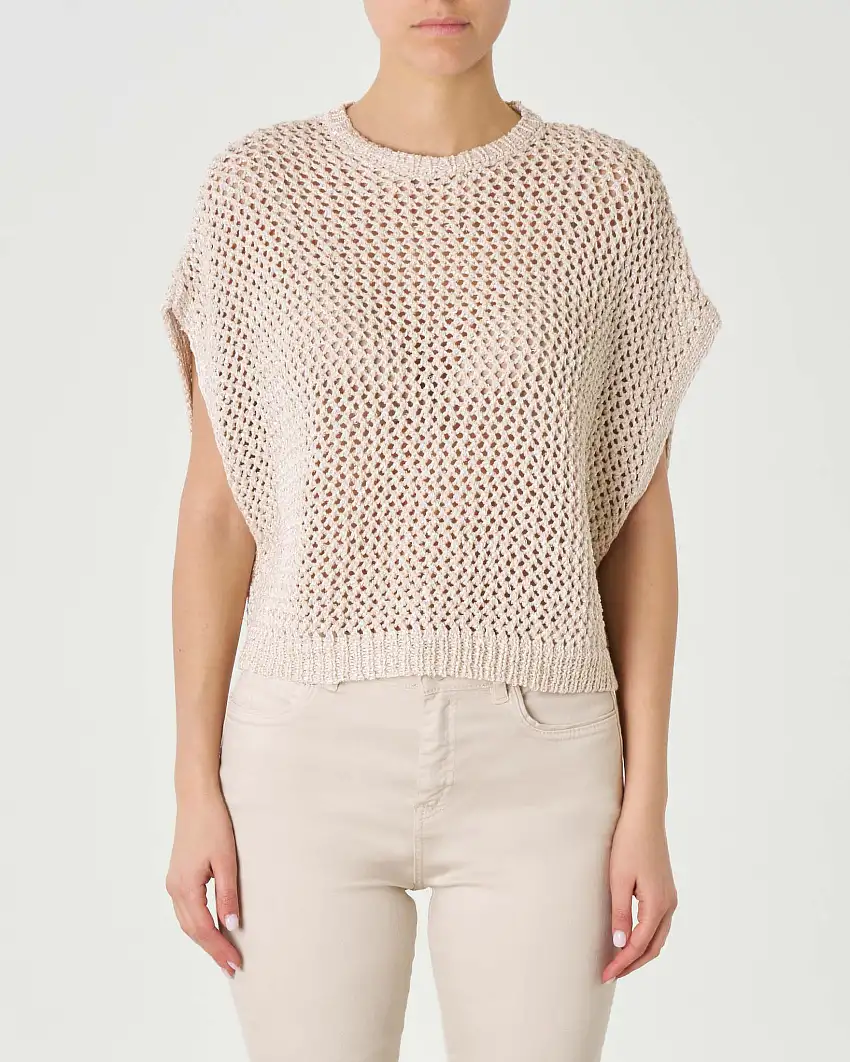 Maglia senza maniche color gesso in misto cotone a rete con pailettes Linea MONOCHROME
