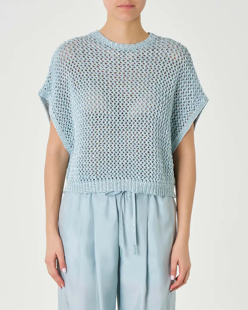 Maglia senza maniche color acqua in misto cotone a rete con pailettes Linea MONOCHROME