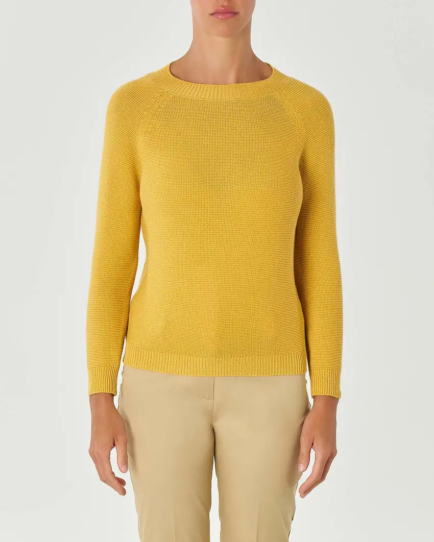 Maglia gialla girocollo in puro cotone lavorato a punto riso con maniche raglan