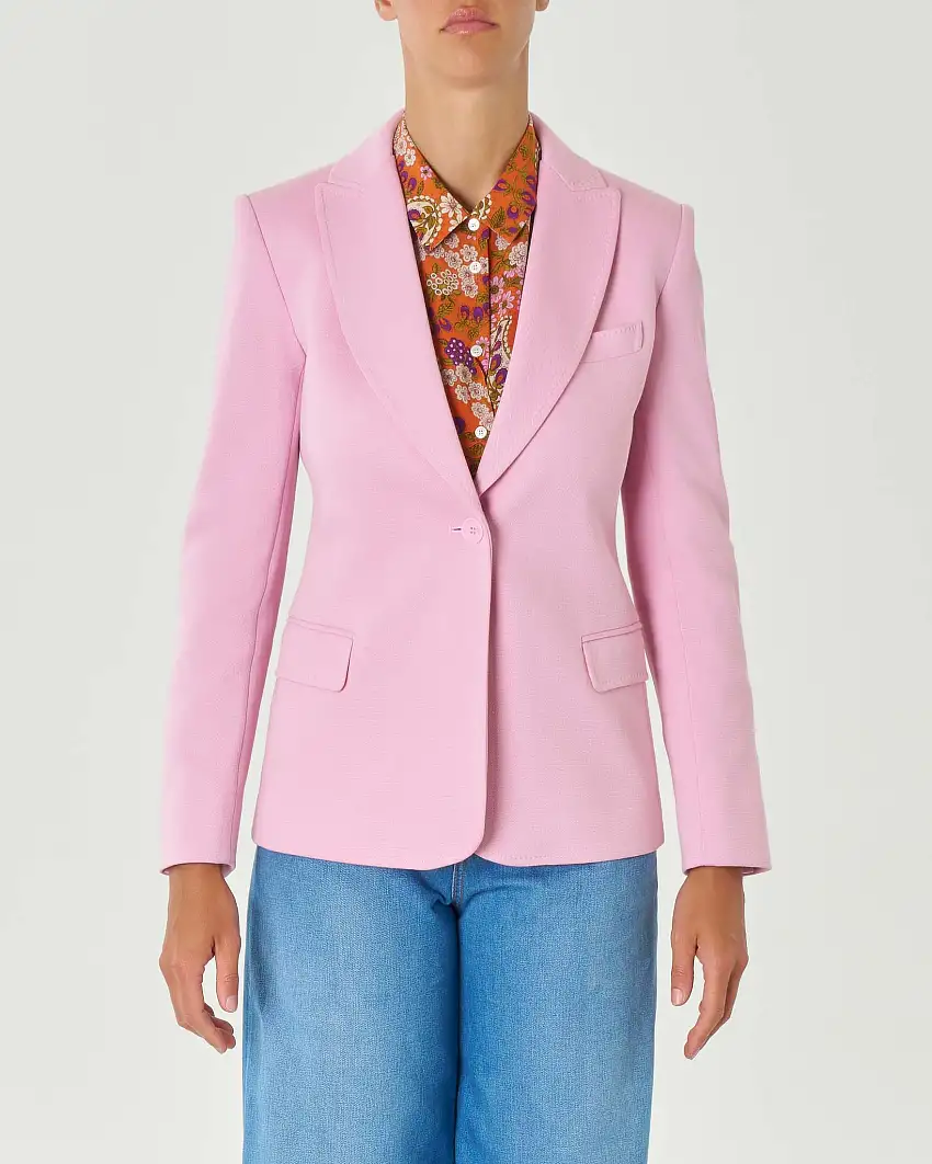Blazer rosa in jersey piquet di misto cotone con scollo a rever